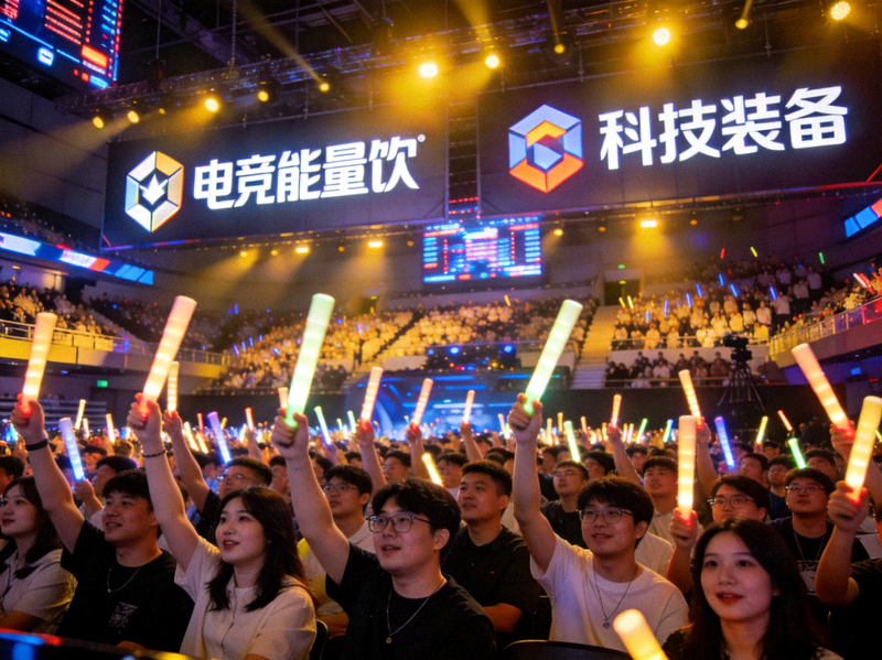 电竞比赛现场观众席爆满，巨大的赞助商品牌标志清晰可见 - 赛事商业合作展示