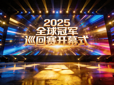 2025全球冠军巡回赛开幕式，巨大的舞台屏幕和炫目的灯光效果
