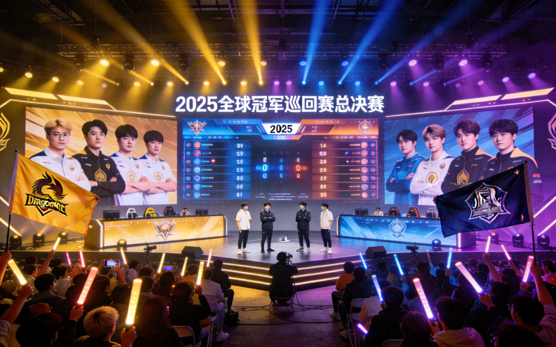 2025全球冠军巡回赛总决赛现场，Dragon Knights战队与Phoenix战队在舞台上激烈对决，灯光璀璨观众沸腾